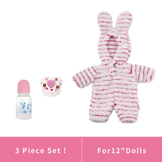 [For 12" Dolls] Easter Bunny 3 Piece Set Plush Jumpsuit With Pacifier And Bottle