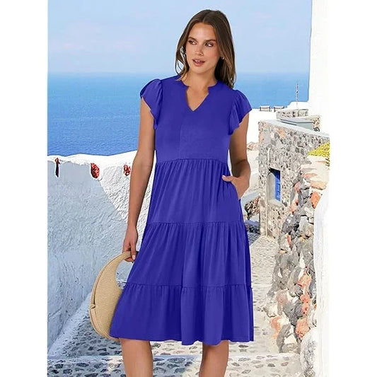 Womens Summer Ruffle Sleeve V Neck Midi Dress(HBHR)